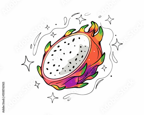 Colorful dragon fruit illustration with vibrant details and stars  