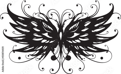 A pair of large, stylized angel wings are depicted. 