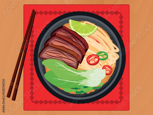 Pho soup with beef, noodles and vegetables top view vector illustration. Bowl of Vietnamese soup on a wooden table above view vector. Pho noodle soup dish on the table drawing