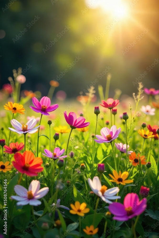 Fototapeta premium Vibrant wildflowers in full bloom, bathed in the warm glow of springtime sunlight A breathtaking display of color and natural beauty in a lush meadow , flowers, season, countryside