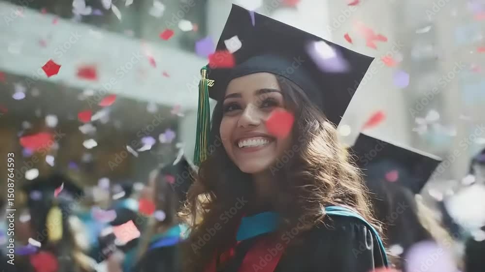 Joyful graduate celebrating with confetti at a graduation ceremony surrounded by peers