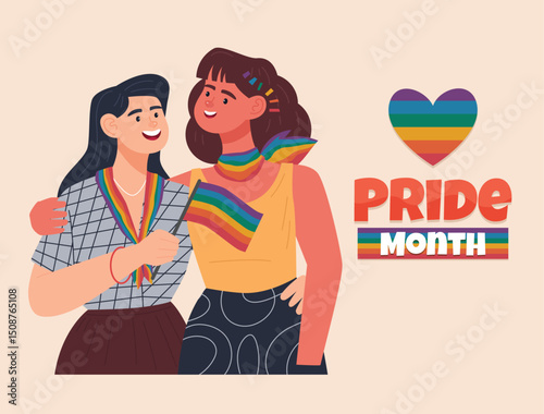 Illustration of a lesbian couple with LGBT flags for Pride Month. Illustration and vector.