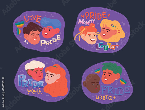 Letter stickers with pictures of Lgbt couples in Pride Month Illustration and vector