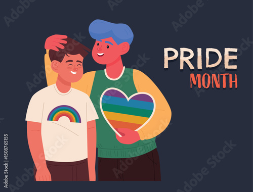 Illustration of a gay couple holding a heart shape LGBT for Pride Month Illustration and Vector