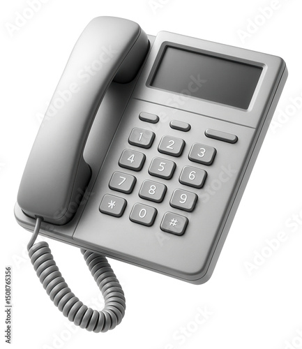 Classic gray corded landline telephone with numeric keypad and LCD screen on transparent background.