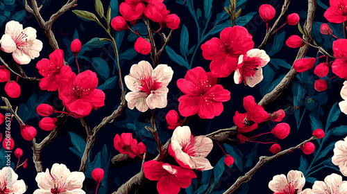 Wallpaper Mural cherry blossom, flower, pattern, floral, seamless, vector, illustration, nature, spring, blossom, design, wallpaper, decoration, flowers, pink, cherry, tree, art, leaf, beauty, plant, texture, branch, Torontodigital.ca
