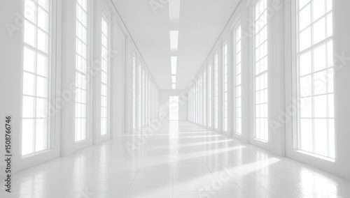 Render of a white hallway with glowing lights and windows on the right side, a futuristic laboratory, clean lines, simple design, white background.