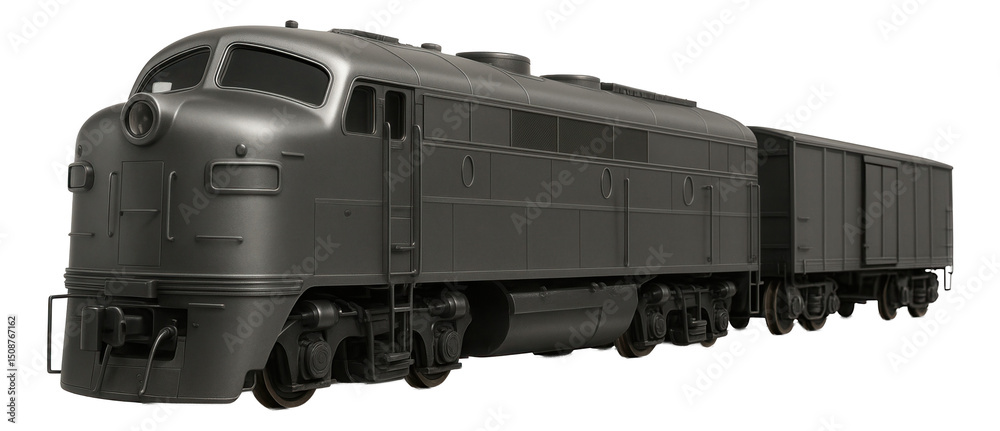 Obraz premium Black vintage train locomotive with streamlined design attached to a freight car on transparent background.