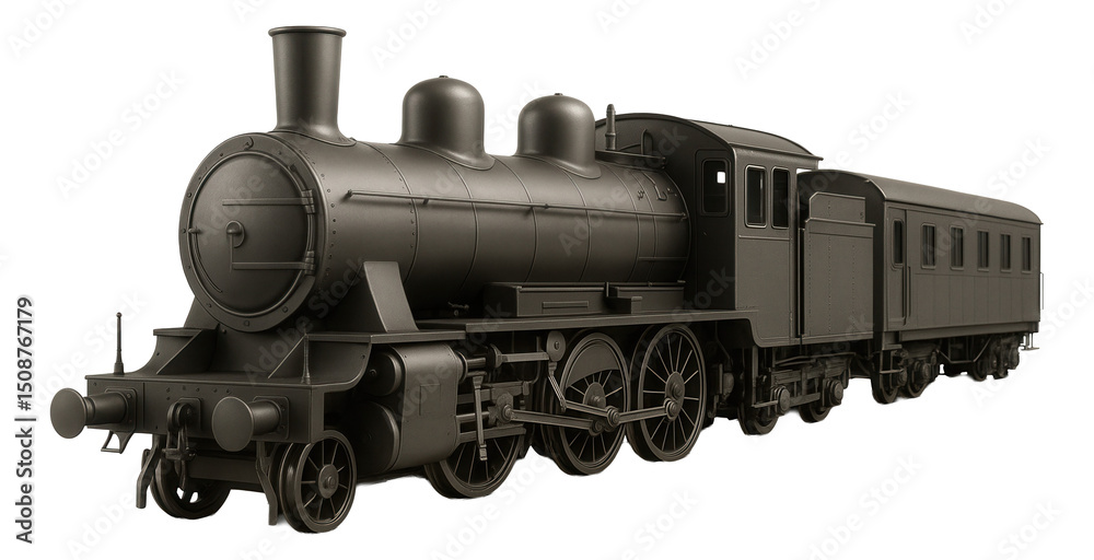 Naklejka premium Vintage steam locomotive with detailed wheels and boiler design on transparent background.