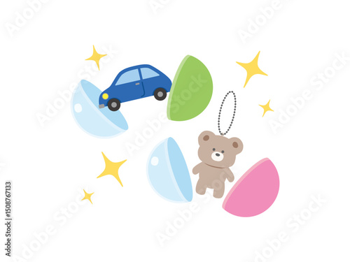 中身にぬいぐるみと車(ミニカー)が入ったカプセルトイのイラスト素材　/ガチャガチャ、ガシャポン、景品、おもちゃ、開封
