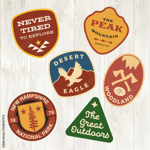 mountain adventure hipster logos. Set of Vintage Outdoor mountains Summer Camp badges or Patches. vector emblem designs. Great for shirts, stamps, stickers logos and labels.