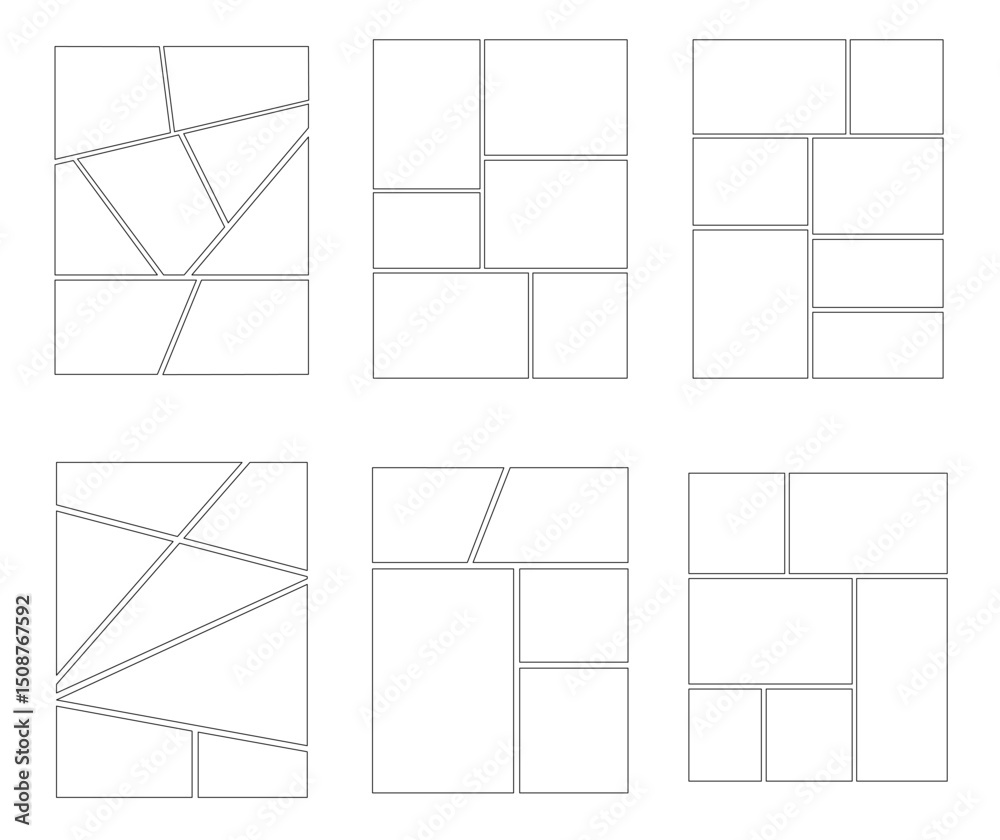 Obraz premium Set of templates for manga comic panels including 6 templates. Comic or Manga background frames and panels, designed for use by mangaka or comic artists. Backgrounds for comics or manga.