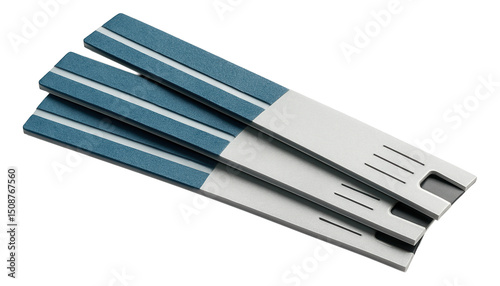 Stack of modern, minimalist blue and white emery board nail files designed for manicure and pedicure care on transparent background.