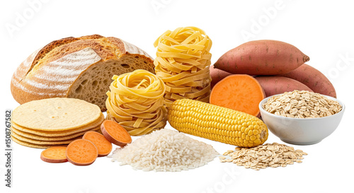 Diverse collection of carbohydrate-rich food items including bread, pasta, and grains, neatly arranged and isolated on a white background. Perfect for diet and nutrition.