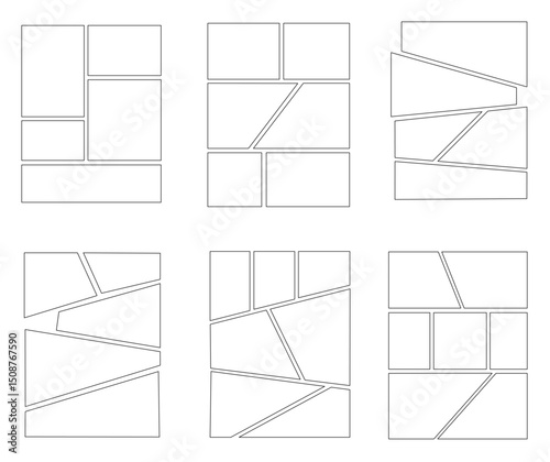Set of templates for manga comic panels including 6 templates. Comic or Manga background frames and panels, designed for use by mangaka or comic artists. Backgrounds for comics or manga.	