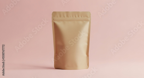Kraft Paper Pouch with Zipper Seal on Pink Background Front View
