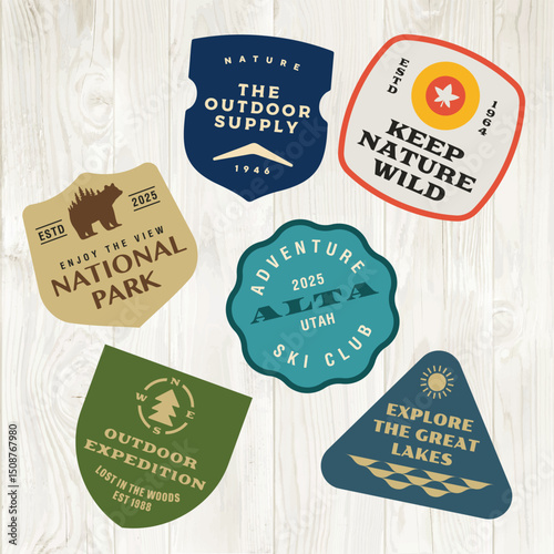 mountain adventure hipster logos. Set of Vintage Outdoor mountains Summer Camp badges or Patches. vector emblem designs. Great for shirts, stamps, stickers logos and labels.