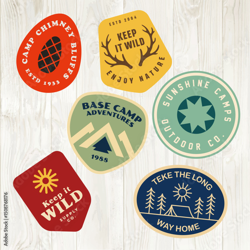 mountain adventure hipster logos. Set of Vintage Outdoor mountains Summer Camp badges or Patches. vector emblem designs. Great for shirts, stamps, stickers logos and labels.