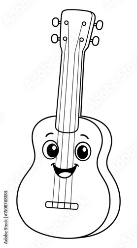 Cheerful Ukulele Illustration: A delightful line art illustration of a cheerful ukulele, complete with a smiling face and musical strings, radiating a sense of joy and playful creativity.