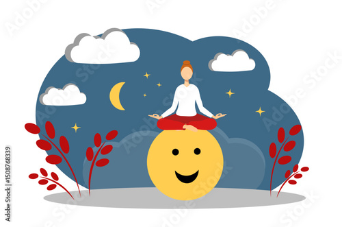The concept of mental health, good mood and meditation. Woman sitting in lotus position and meditating