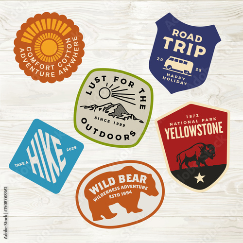 mountain adventure hipster logos. Set of Vintage Outdoor mountains Summer Camp badges or Patches. vector emblem designs. Great for shirts, stamps, stickers logos and labels.