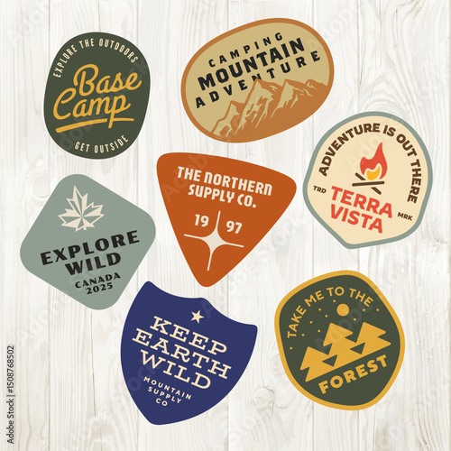 mountain adventure hipster logos. Set of Vintage Outdoor mountains Summer Camp badges or Patches. vector emblem designs. Great for shirts, stamps, stickers logos and labels.