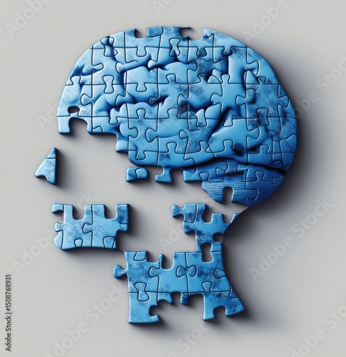 A blue puzzle piece in the shape of an adult human head is placed on top of jigsaw pieces that form other shapes, including one large brain-shaped puzzle piece.