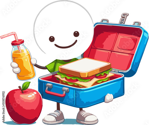 Happy Cartoon Character with Lunchbox, Juice, and Apple