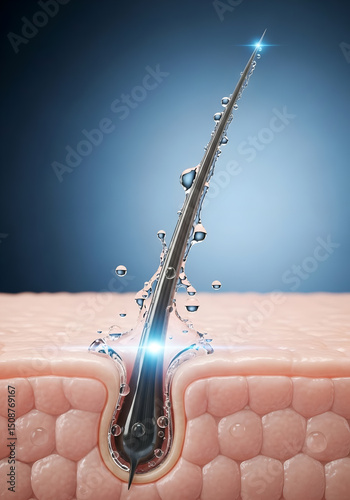 3D illustration of a single hair follicle embedded in human skin, surrounded by moisturizing water droplets