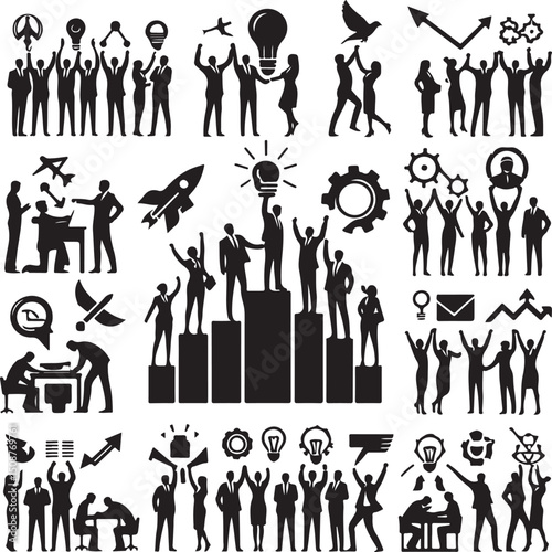 Business Teamwork and Success Vector Icons Set – Growth, Innovation, and Leadership.