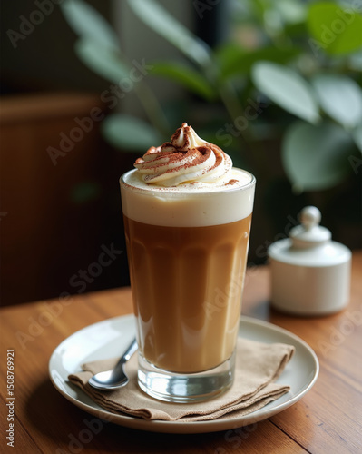 A luscious caramel and cream drink topped with whipped cream and cocoa, served elegantly on a plate with a spoon.