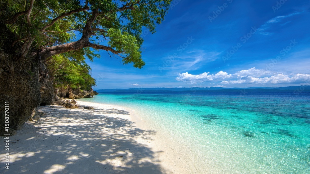 Serene beach scene with clear turquoise waters, sandy shore, and lush green trees under a blue sky Serene beach scene with clear turquoise waters, sandy shore, and lush green trees under a blue sky