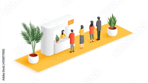 A modern reception area with people waiting in line, featuring a sleek counter and vibrant plants. This illustration symbolizes customer service and professional interaction.