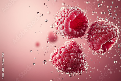 Macro photography of fresh ripe raspberries covered in water droplets, emphasizing detailed texture and deep red and burgundy tones.