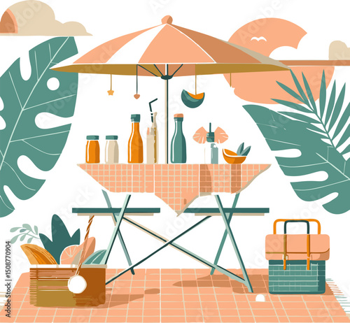 Summer Picnic Setup: Refreshing Drinks & Tropical Vibes