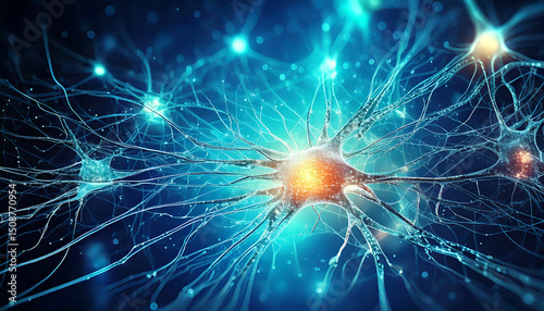 Abstract network of neurons and brain synapses glowing on a soft turquiose background
