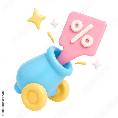 3D cartoon cannon shooting out a discount percentage symbol for explosive promo concept
