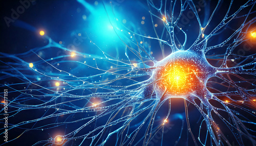 Abstract network of neurons and brain synapses glowing on a soft blue background