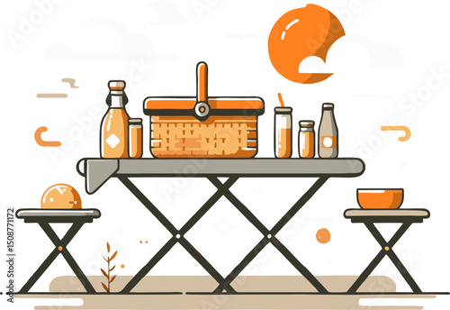Sunny Picnic Setup: Folding Table, Basket, Drinks & Snacks