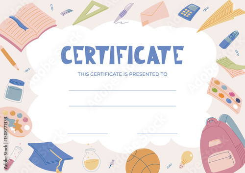 Colorful Vector School Diploma Certificate Template for Kids with Educational Elements. Award or Achievement Document Cartoon Design with Stationery, Sports, and Science Icons.
