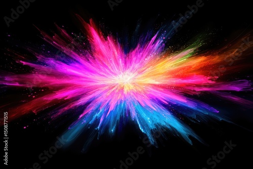 A colorful light burst, resembling an explosion of neon lights against a black background. The streaks radiate from the center towards all directions.