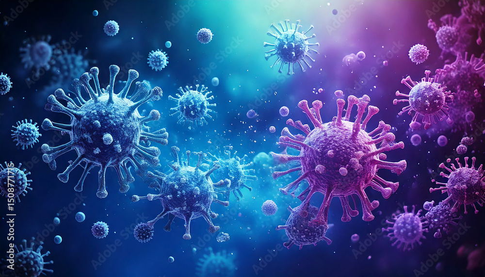 Fototapeta premium Floating virus and antibody shapes in blue and purple mist