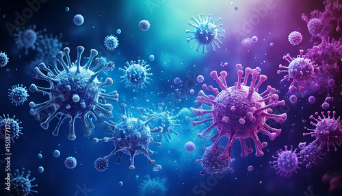 Floating virus and antibody shapes in blue and purple mist