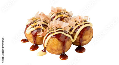 Appetizing serving of Japanese takoyaki (octopus balls) drizzled with sauce and topped with bonito flakes, isolated on a white background. Street food favorite.