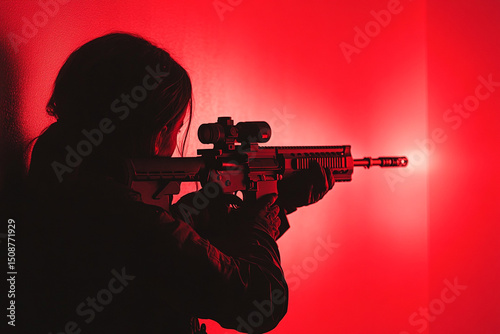 Woman gripping a plasma rifle