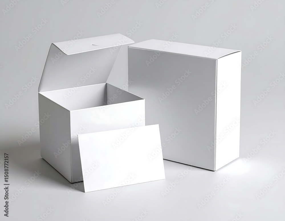 Naklejka premium Two blank white boxes and a card, one open