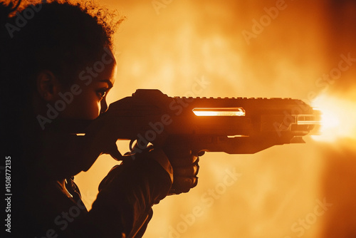 Woman gripping an advanced plasma rifle silhouette