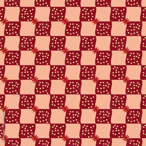 Intricate Wavy Checkerboard Pattern with Floral and Geometric Motifs