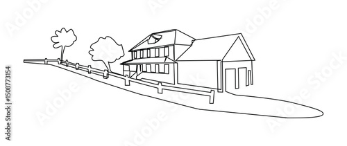 Continuous line art of Rural landscape, Hills, house, trees and road hand drawn silhouette.