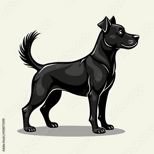 Stylized black dog standing in profile for pet adoption